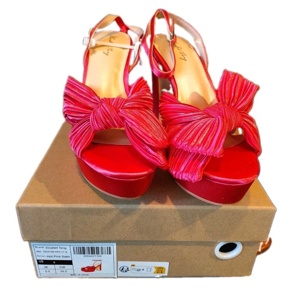 Elisabet Tang Womens Platform Sandals US 8 Hot Pink Satin Chunky Block Heels NIB